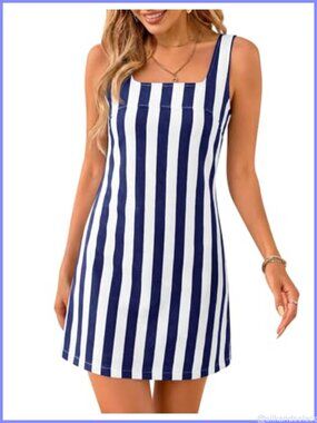 Womens Striped Denim Mini Dress Tank Jean Dress Summer Casual Sleeveless